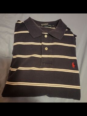 Polo by Ralph Lauren Navy and Cream Striped Polo with Red Pony